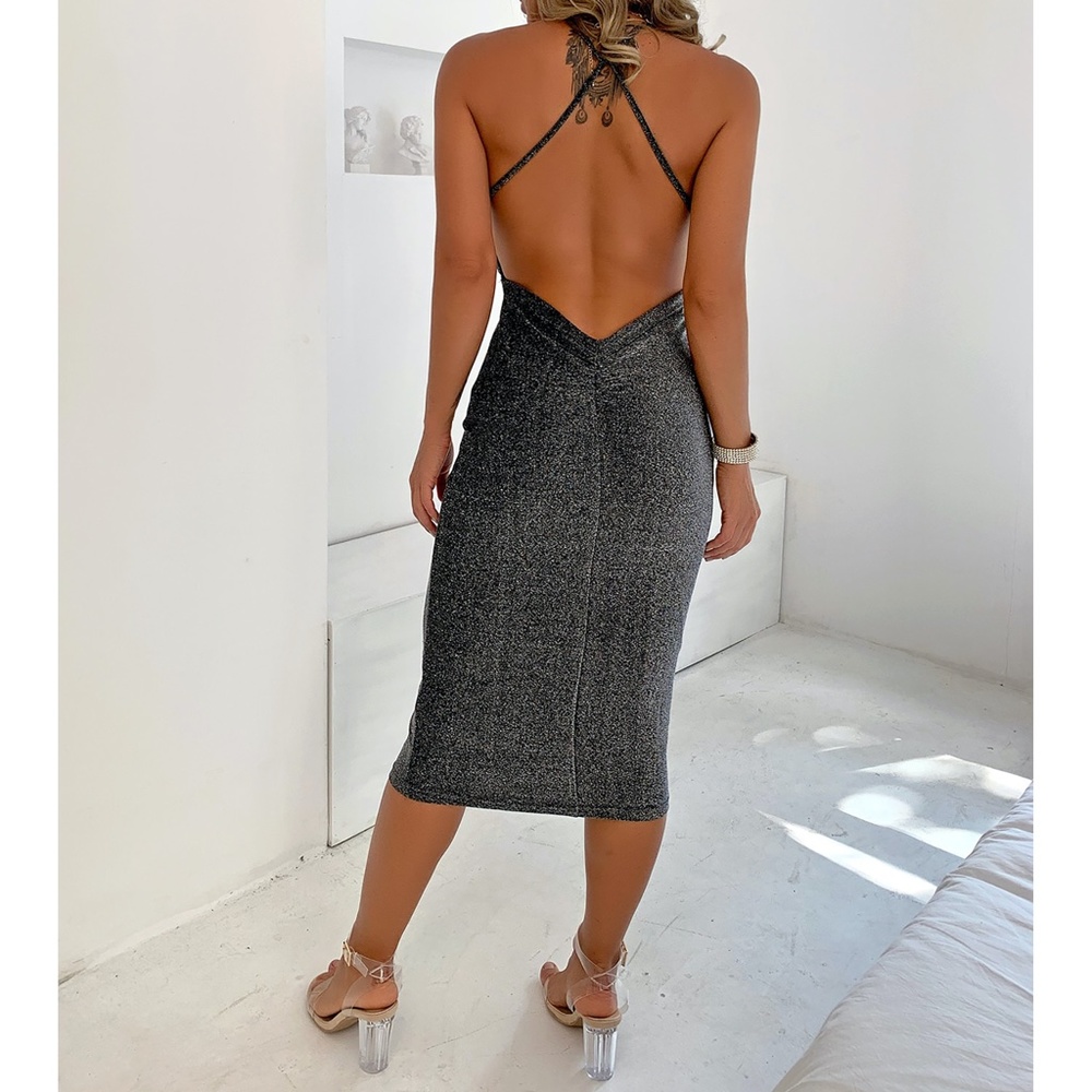 Black Silver Glitter Plunge Backless Bodycon Dress